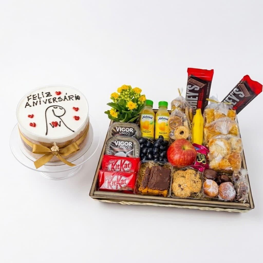 Bandeja de Café da Manhã Premium de Aniversário com Bolo Bento Cake