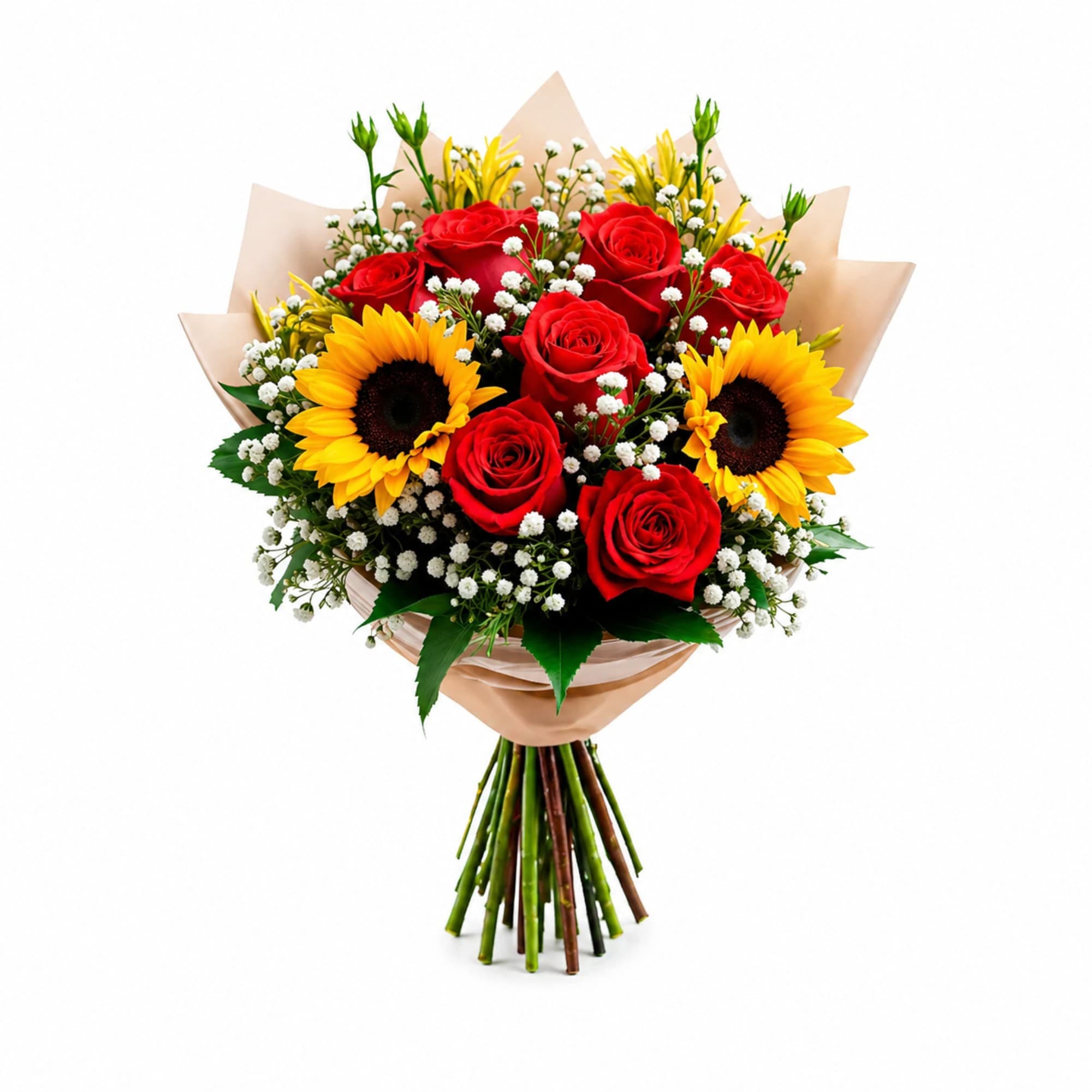 Buquê de Rosas Vermelhas e Girassol